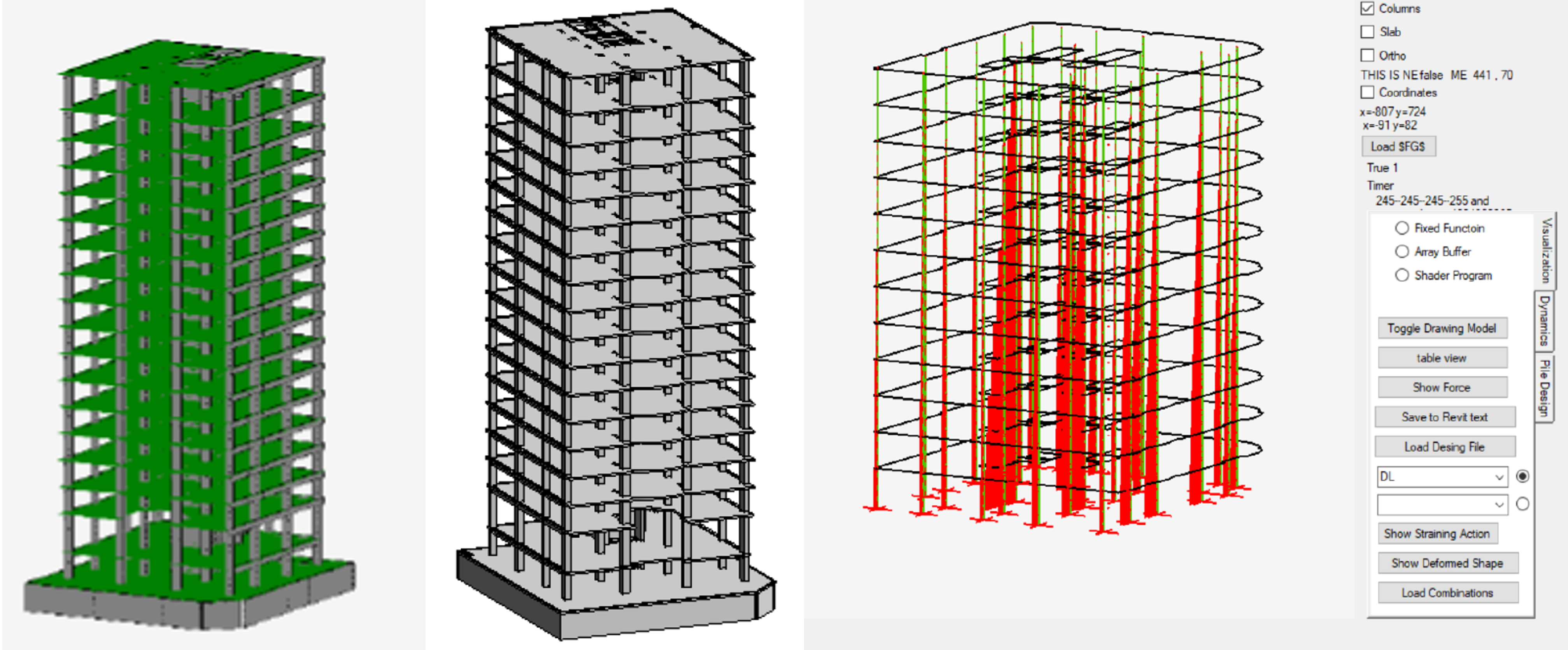 3D view of practical building and straining actions on columns in OpenGL tool in PLPAK