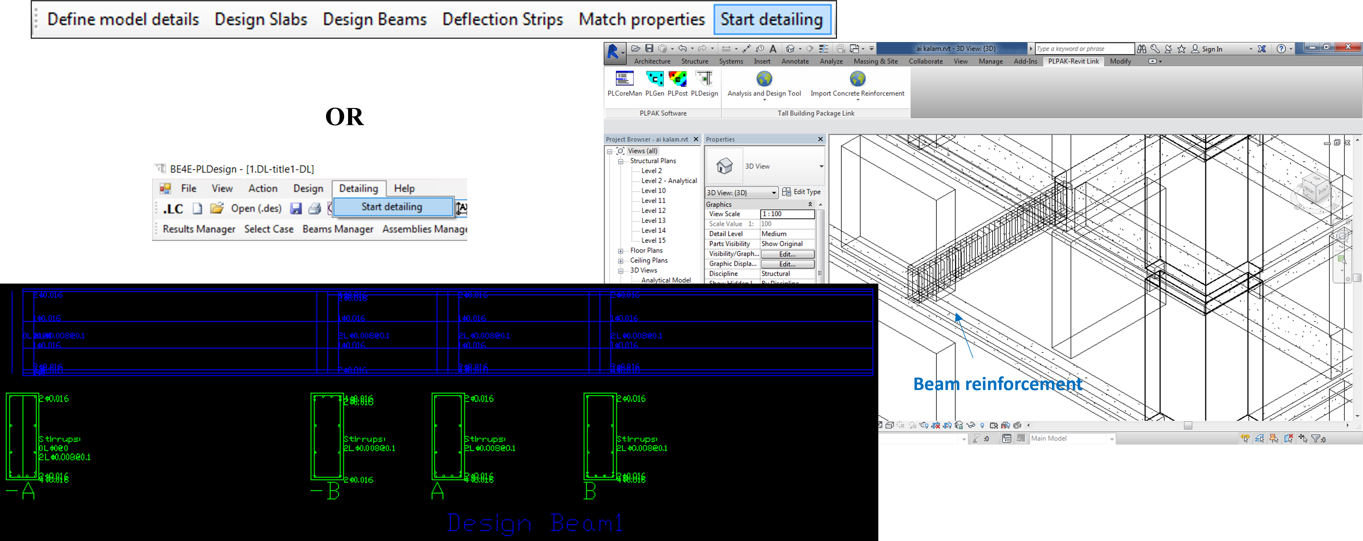 The beam reinforcement and the reinforcement section details exported from PLPAK to CAD and Autodesk Revit