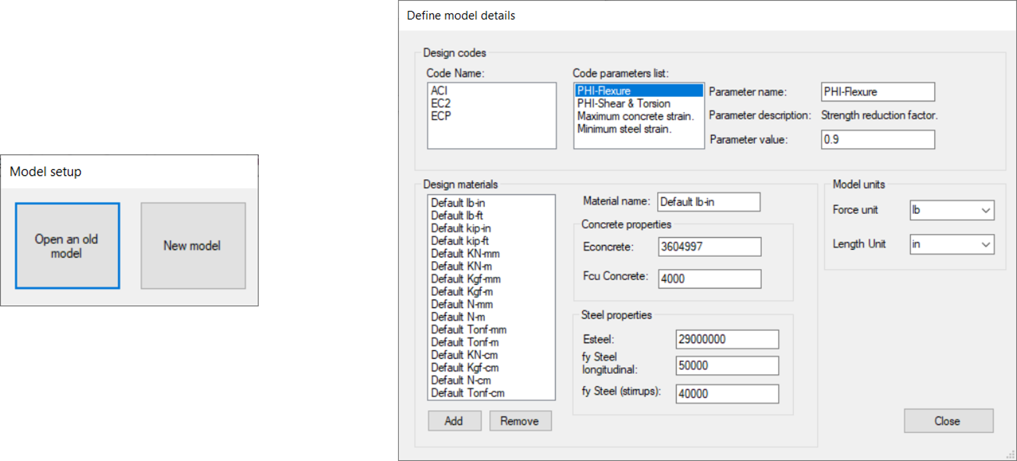 Defining model details and design code in PLPAK