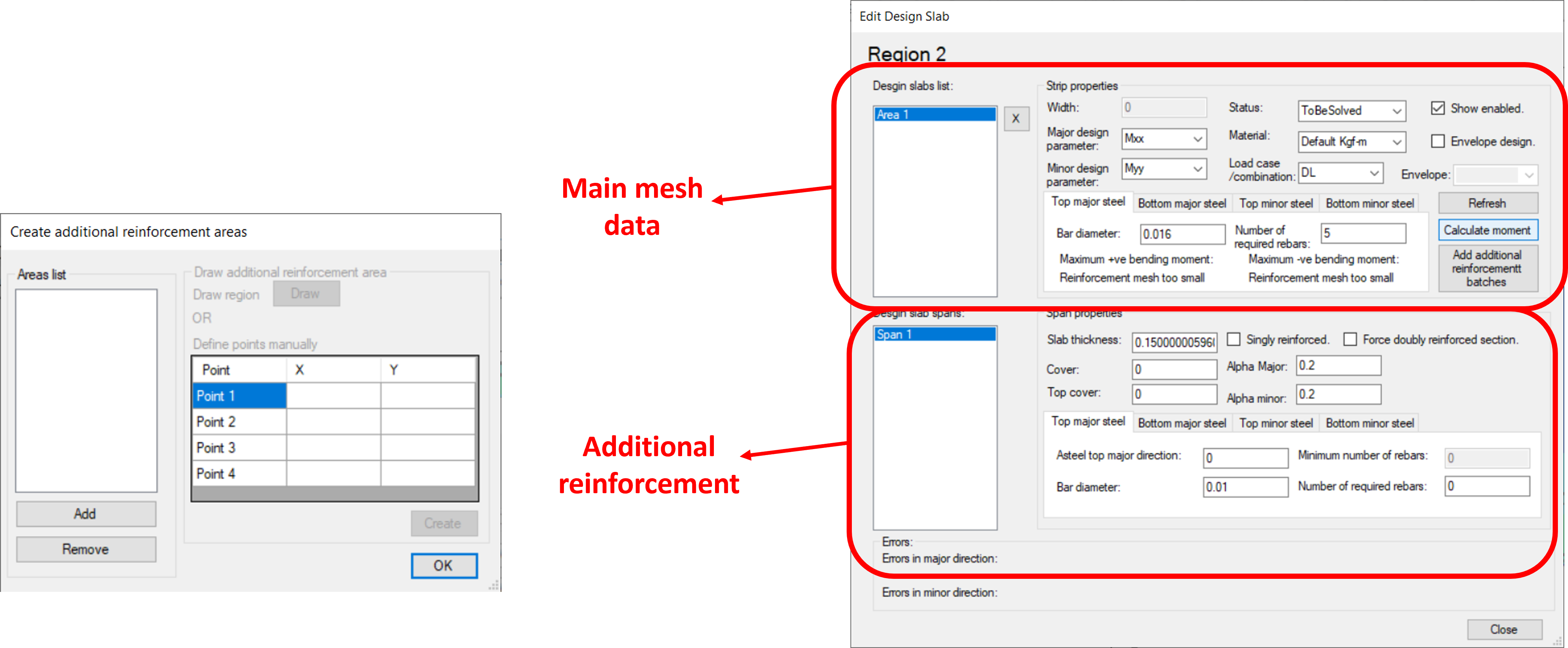 Main mesh and additional reinforcement data in PLPAK