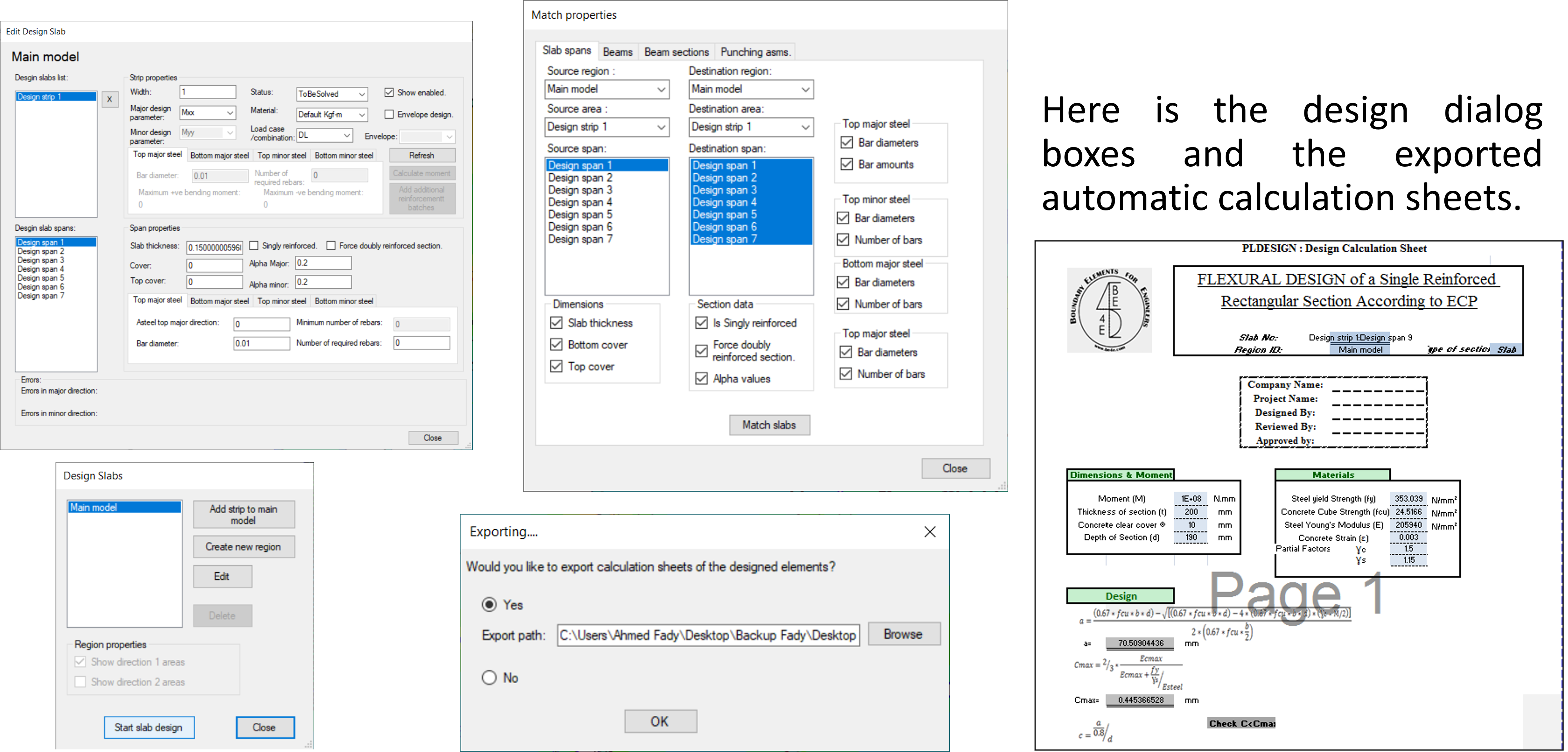 Matching properties for other spans and exporting calculation sheets to excel in PLPAK