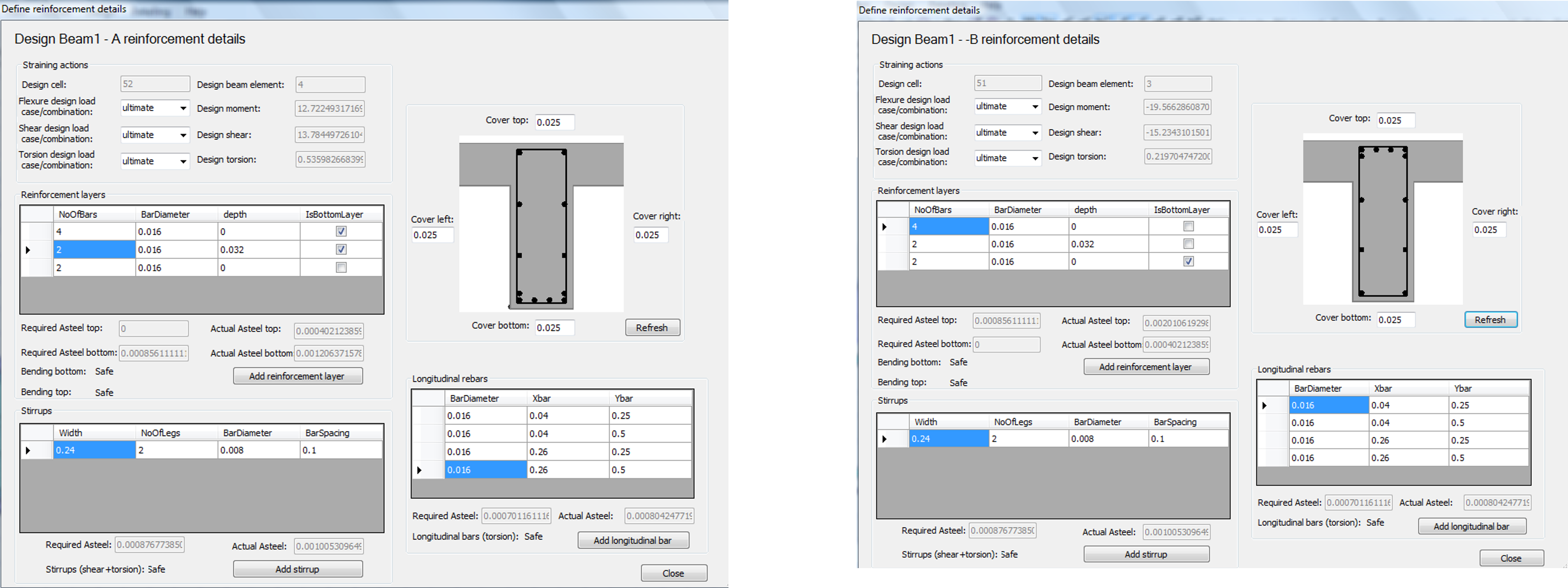 Reinforcement details for beams sections in PLPAK