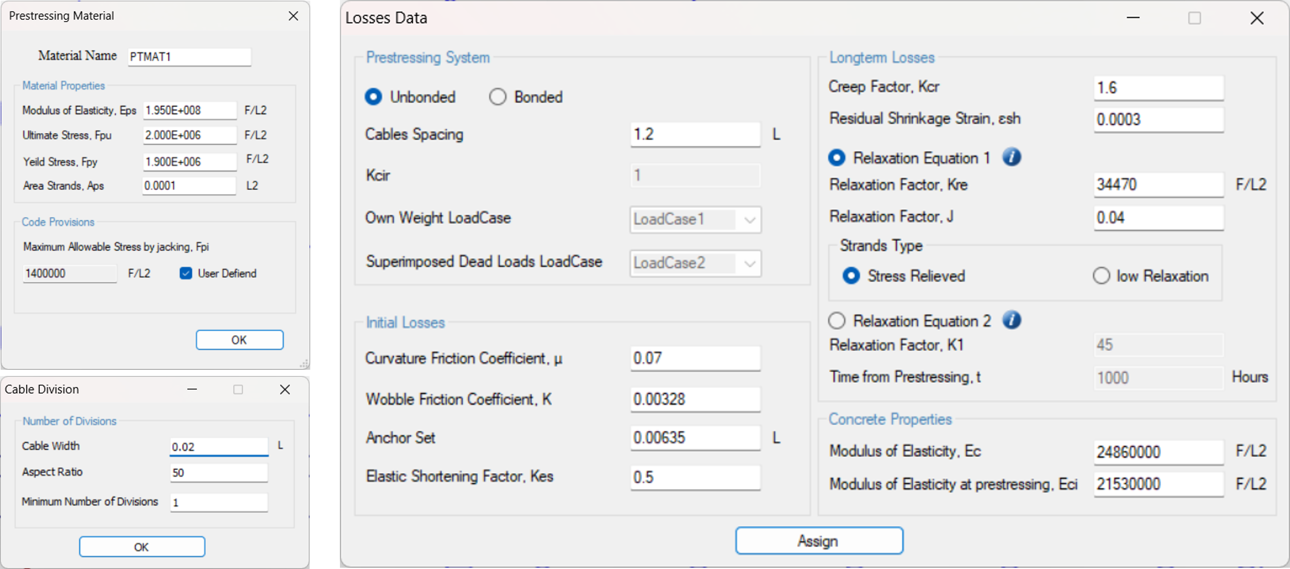 Cable material properties and jacking force together with cables’ divisions and losses data are easily input via dialog boxes