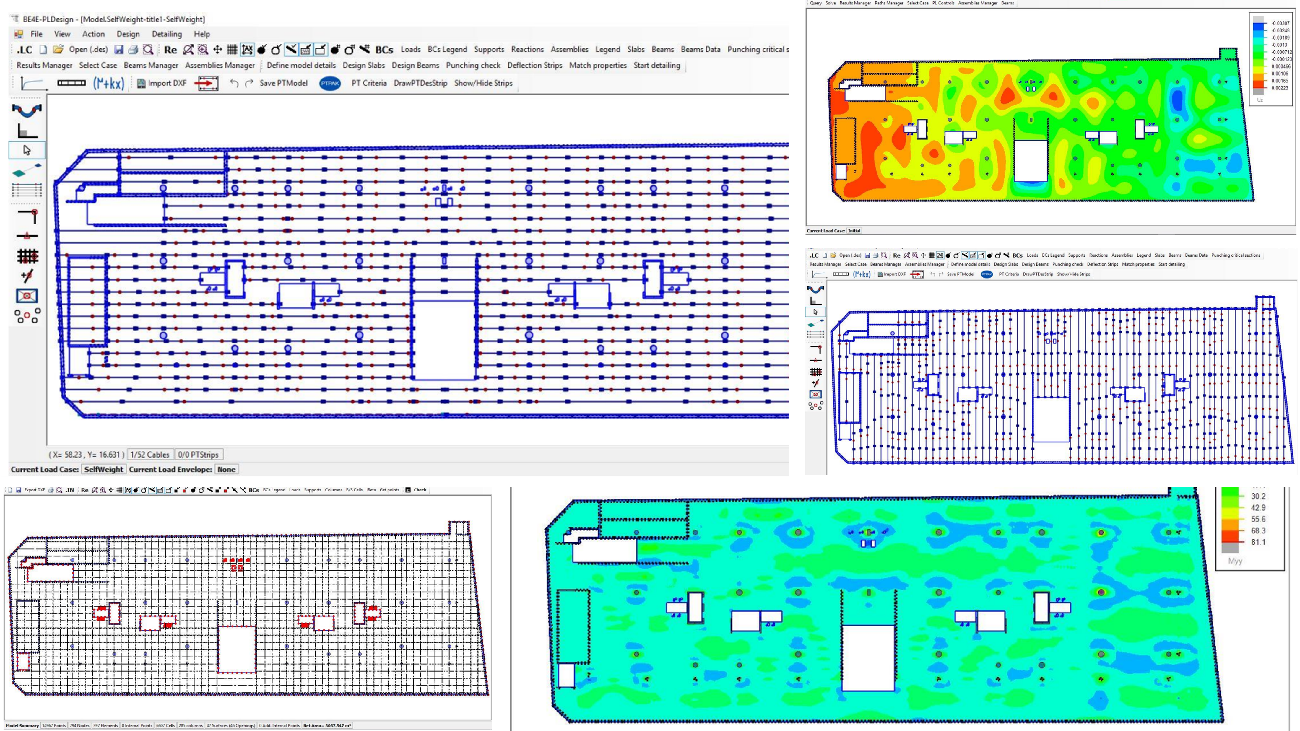 Post-tension cables in x and y directions, and deflection and bending moment contour maps in PLPAK