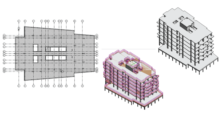 Plan and 3D view of building in Revit