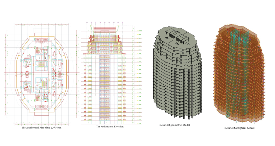 Plan, elevation, and 3D view of building in Revit